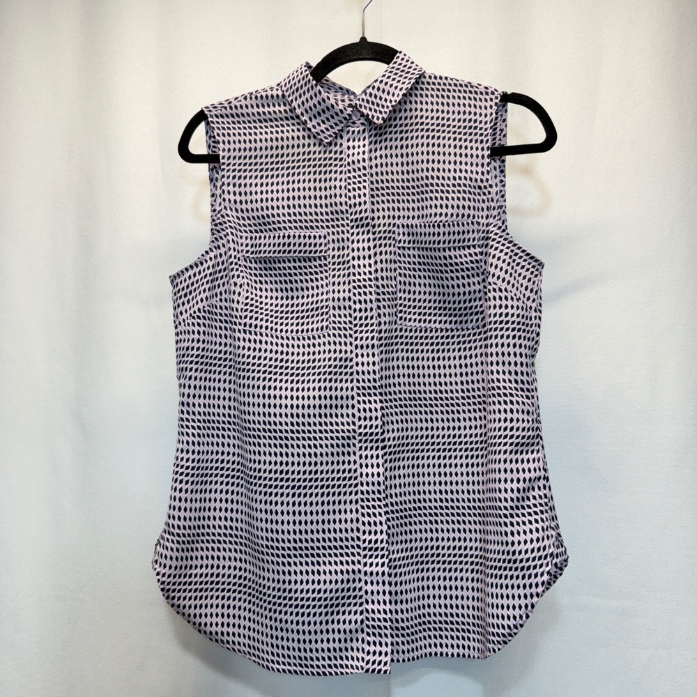 Talbots Blouse Women Medium Petite Purple Black Geometric Sleeveless Button Down